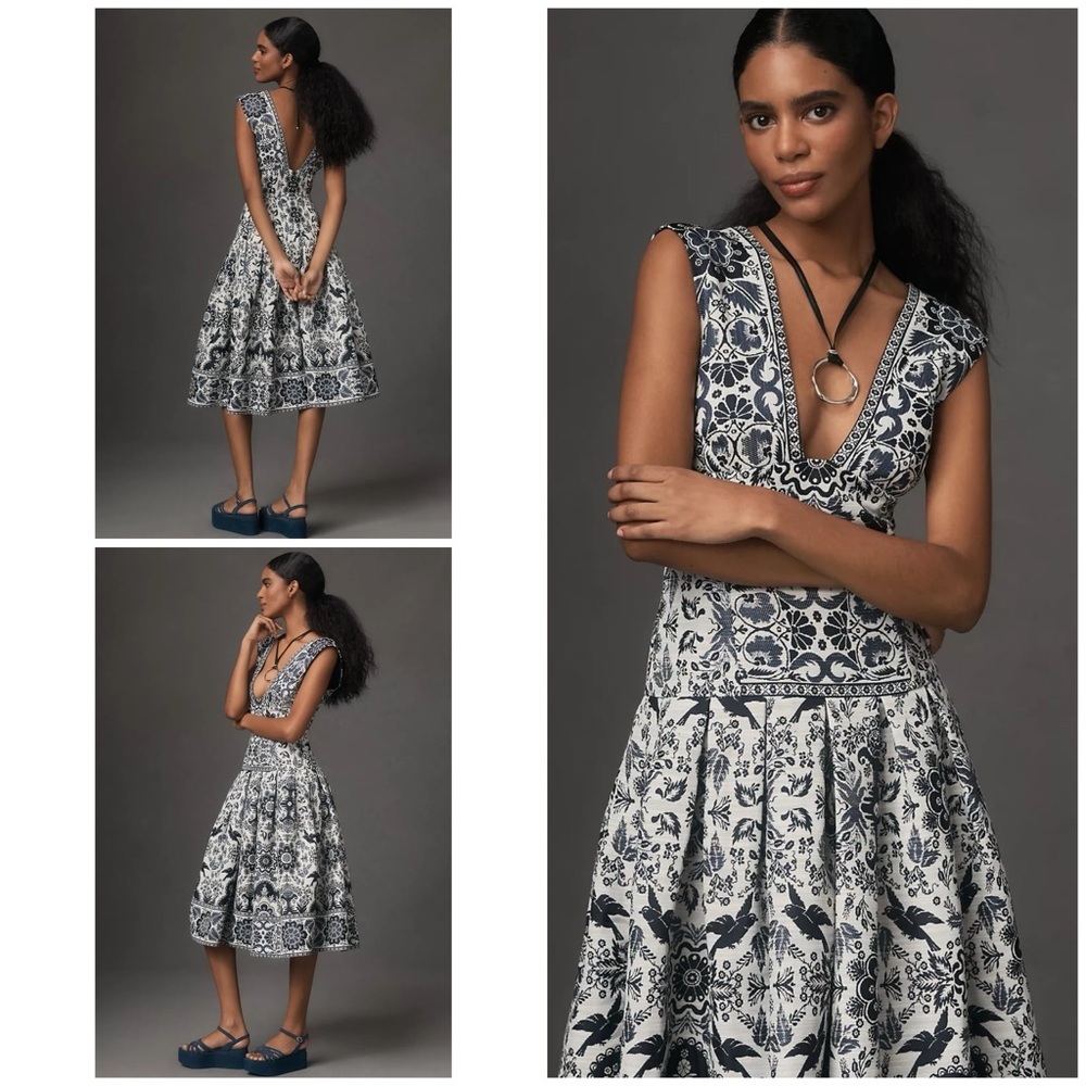 NWT By Anthropologie Floral Birds V-Neck Drop-Waist  A-Line Cocktail MIDI Dress​